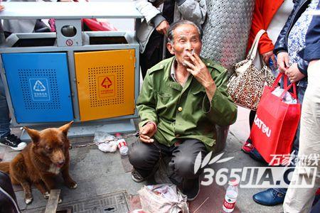 市府广场旁边正在做表演的老人和狐狸犬